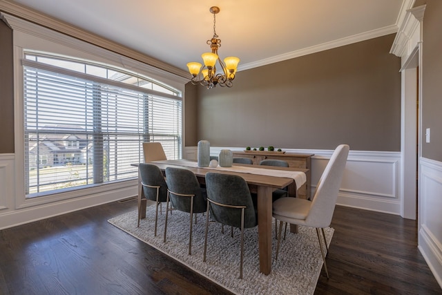 160 Dobson Knob Trl, Nolensville, TN 37135 - dining room featuring a chandelier, crown molding, plenty of natural light, a wainscoted wall, and dark wood-style floors