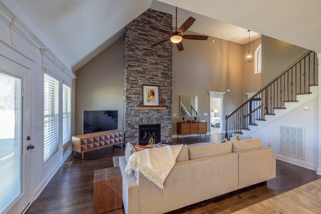 160 Dobson Knob Trl, Nolensville, TN 37135 - living room with plenty of natural light, high vaulted ceiling, stairway, dark wood finished floors, and ceiling fan