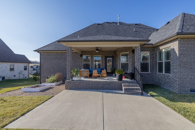 160 Dobson Knob Trl, Nolensville, TN 37135 - rear view of property featuring a patio, ceiling fan, brick siding, a lawn, and a shingled roof