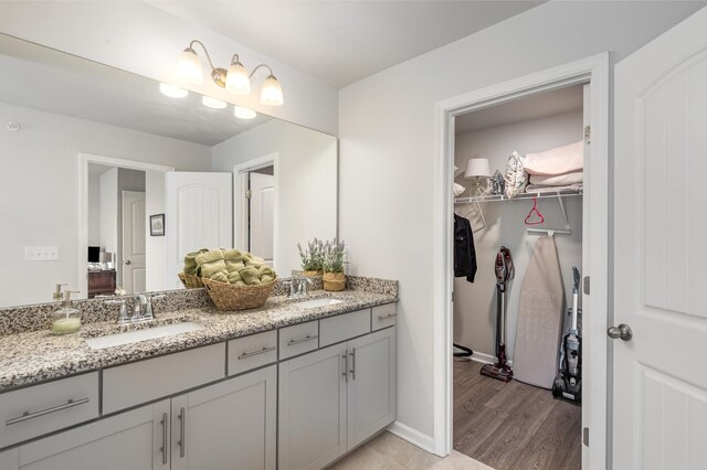 414 Manor Row, Pleasant View, TN 37146 - full bathroom featuring double vanity, a walk in closet, and wood finished floors