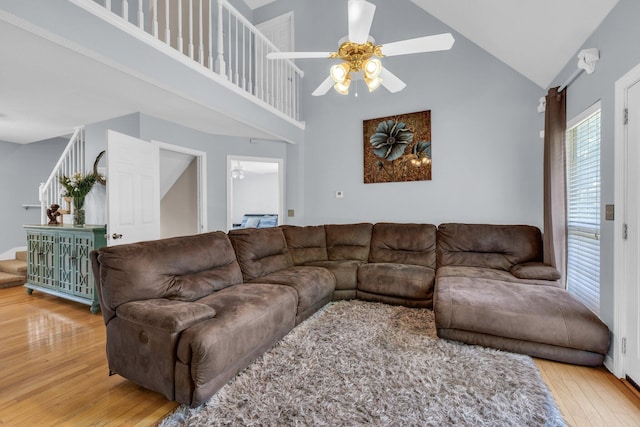 1128 Tiftonia View Rd, Chattanooga, TN 37419 - living area featuring wood finished floors, high vaulted ceiling, and a ceiling fan