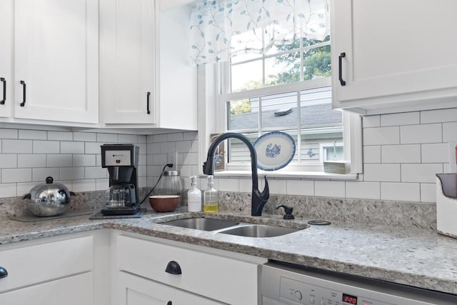 70 Nancy Ave, Cadiz, KY 42211 - kitchen featuring white cabinetry, dishwasher, decorative backsplash, and light stone countertops
