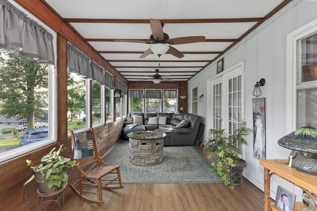 70 Nancy Ave, Cadiz, KY 42211 - sunroom / solarium featuring outdoor lounge area, ceiling fan, and beamed ceiling