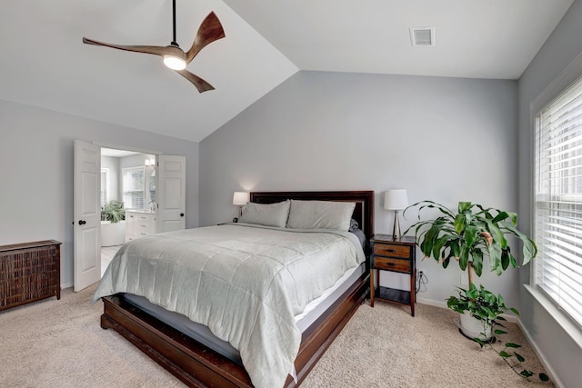 206 Stillcreek Dr, Franklin, TN 37064 - bedroom featuring carpet, vaulted ceiling, multiple windows, ceiling fan, and ensuite bathroom