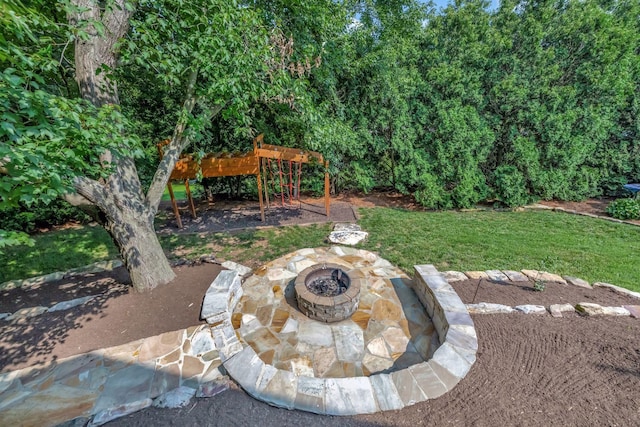 206 Stillcreek Dr, Franklin, TN 37064 - view of green lawn with an outdoor fire pit, a pergola, and a patio area