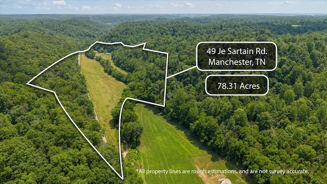 49 Je Sartain Rd, Manchester, TN 37355 - aerial overview of property's location featuring a forest and property parcel outlined