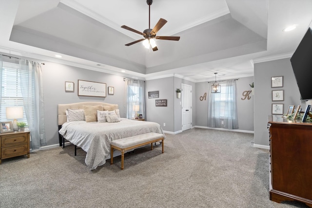 1148 Folly Beach Dr, Clarksville, TN 37042 - bedroom with a raised ceiling, light colored carpet, ornamental molding, recessed lighting, and a ceiling fan