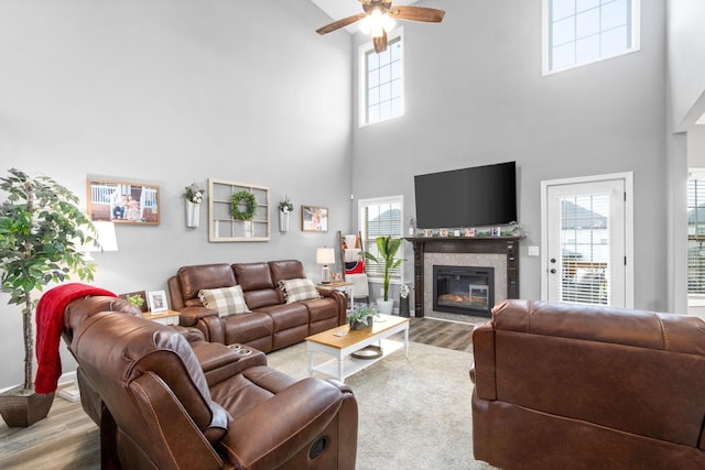 1148 Folly Beach Dr, Clarksville, TN 37042 - living area with a high ceiling, wood finished floors, ceiling fan, a glass covered fireplace, and healthy amount of natural light