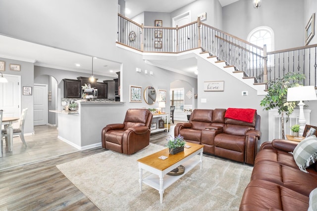 1148 Folly Beach Dr, Clarksville, TN 37042 - living area with arched walkways, a towering ceiling, light wood-style flooring, healthy amount of natural light, and ornamental molding