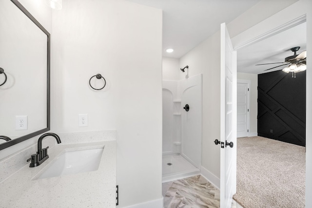 198 Cave St Unit C, Clarksville, TN 37042 - bathroom featuring a stall shower, ceiling fan, vanity, and recessed lighting