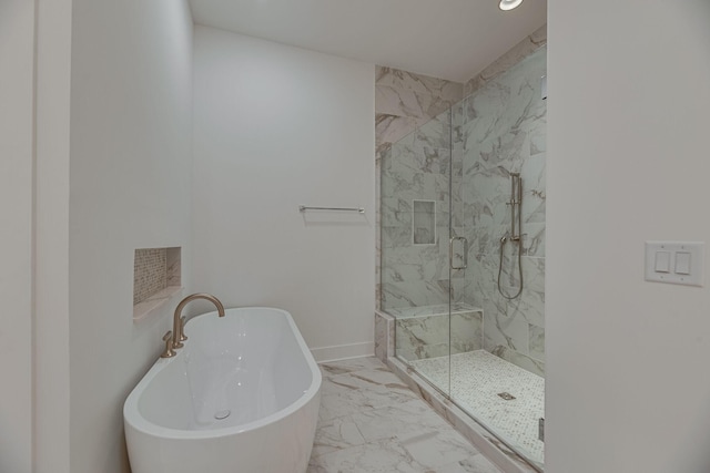 117 Shadow Springs Dr Unit 117, Brentwood, TN 37027 - bathroom featuring marble finish floors, a marble finish shower, a freestanding tub, and recessed lighting