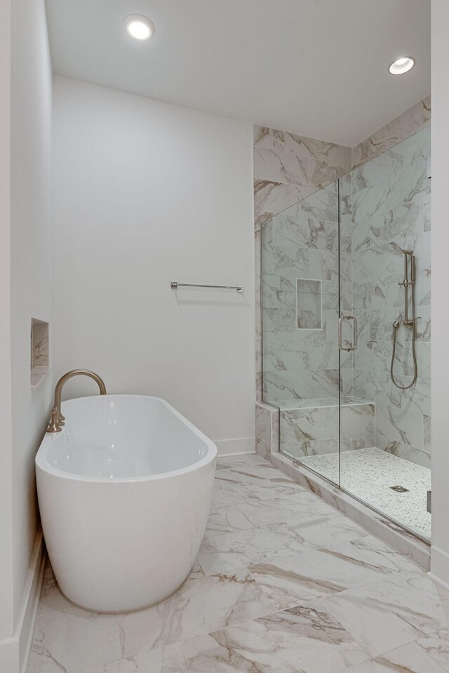 117 Shadow Springs Dr Unit 117, Brentwood, TN 37027 - full bathroom featuring a marble finish shower, a soaking tub, marble finish flooring, and recessed lighting