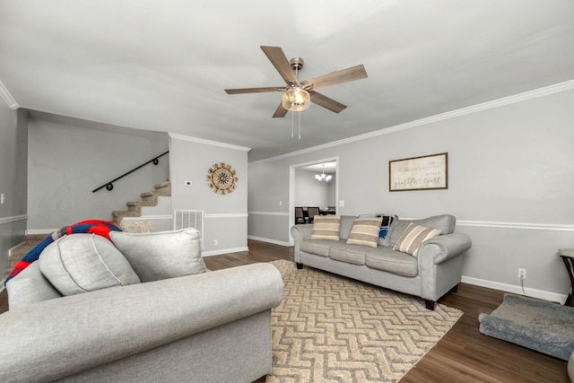 229 Wellington Way, Smyrna, TN 37167 - living room with stairs, a ceiling fan, ornamental molding, wood finished floors, and a chandelier