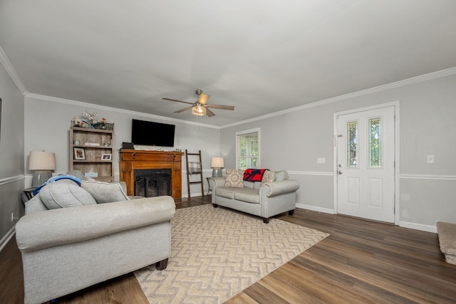 229 Wellington Way, Smyrna, TN 37167 - living room with wood finished floors, a ceiling fan, ornamental molding, and a fireplace