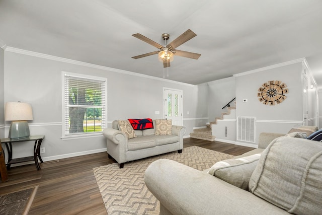 229 Wellington Way, Smyrna, TN 37167 - living area with stairs, wood finished floors, ceiling fan, and crown molding