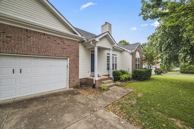 2135 Loudenslager Dr, Thompsons Station, TN 37179 - ranch-style house featuring a chimney, a front yard, driveway, brick siding, and a shingled roof