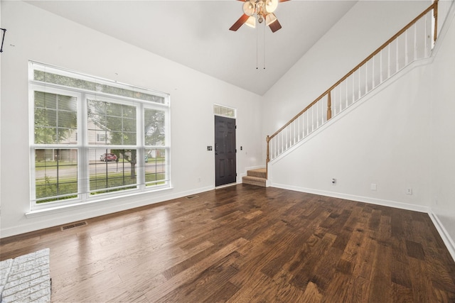 2135 Loudenslager Dr, Thompsons Station, TN 37179 - foyer entrance featuring ceiling fan, stairs, wood finished floors, and high vaulted ceiling