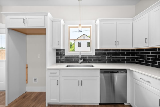 109 Adkins St Unit A, Clarksville, TN 37042 - kitchen with dishwasher, backsplash, dark wood-type flooring, and white cabinets