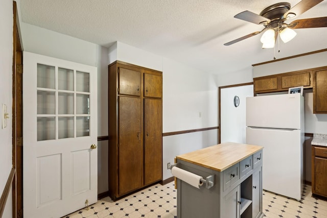 1651 Caughran Rd, Lewisburg, TN 37091 - kitchen with freestanding refrigerator, light floors, ceiling fan, and wood counters