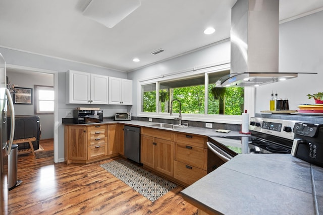 2113 Culleoka Hwy, Culleoka, TN 38451 - kitchen with stainless steel appliances, ventilation hood, light wood-style floors, white cabinetry, and ornamental molding