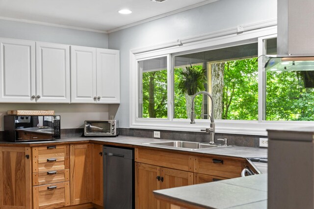 2113 Culleoka Hwy, Culleoka, TN 38451 - kitchen featuring appliances with stainless steel finishes, white cabinetry, and ornamental molding