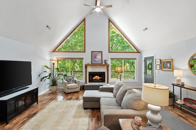 2113 Culleoka Hwy, Culleoka, TN 38451 - living room with high vaulted ceiling, ceiling fan, a warm lit fireplace, light wood-style floors, and plenty of natural light
