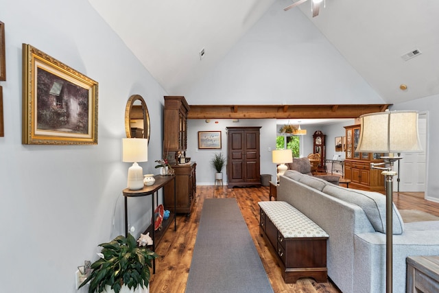 2113 Culleoka Hwy, Culleoka, TN 38451 - living room with high vaulted ceiling, wood finished floors, and a ceiling fan