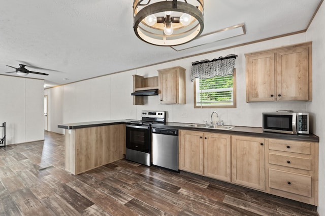 2113 Culleoka Hwy, Culleoka, TN 38451 - kitchen with appliances with stainless steel finishes, light brown cabinets, a peninsula, dark countertops, and dark wood-style floors