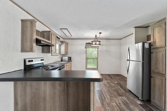 2113 Culleoka Hwy, Culleoka, TN 38451 - kitchen with appliances with stainless steel finishes, extractor fan, dark countertops, dark wood finished floors, and a textured ceiling