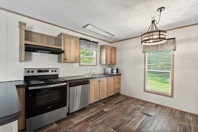2113 Culleoka Hwy, Culleoka, TN 38451 - kitchen with appliances with stainless steel finishes, dark countertops, dark wood-style floors, ventilation hood, and a textured ceiling