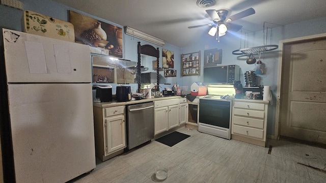 190 Kirks Trading Post Rd, Buchanan, TN 38222 - kitchen featuring stainless steel dishwasher, freestanding refrigerator, ceiling fan, electric range oven, and light countertops