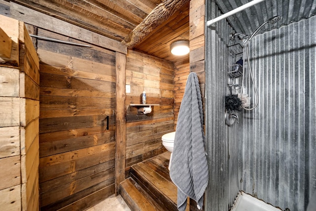 3037 Tunnel Rd, Westmoreland, TN 37186 - bathroom featuring wooden walls, a shower stall, and wood ceiling