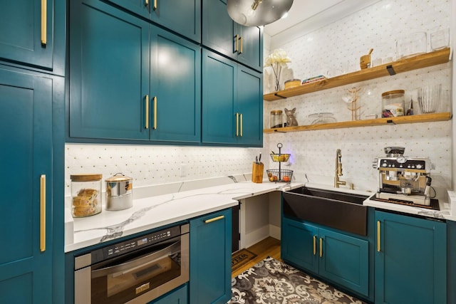 1485 Harrison Rd, Murfreesboro, TN 37128 - kitchen featuring open shelves, stainless steel oven, tasteful backsplash, and light stone countertops