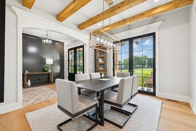 1485 Harrison Rd, Murfreesboro, TN 37128 - dining area with a chandelier, healthy amount of natural light, beam ceiling, recessed lighting, and french doors