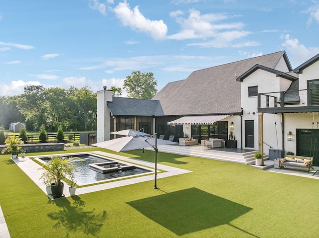 1485 Harrison Rd, Murfreesboro, TN 37128 - rear view of property featuring a balcony, an outdoor living space, a sunroom, a chimney, and a hot tub
