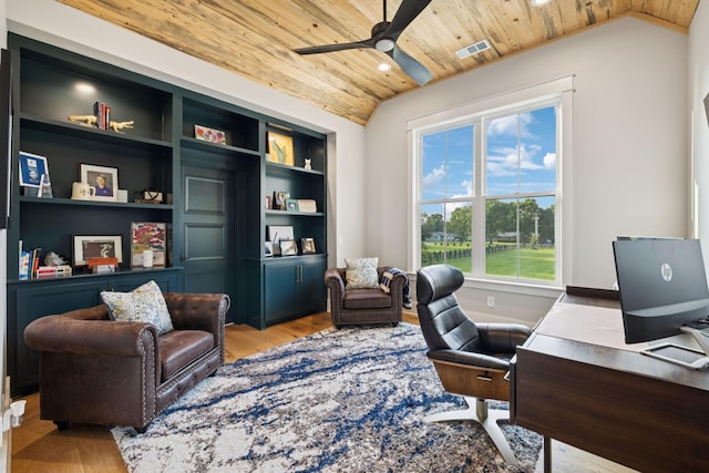 1485 Harrison Rd, Murfreesboro, TN 37128 - home office featuring vaulted ceiling, wooden ceiling, ceiling fan, wood finished floors, and recessed lighting