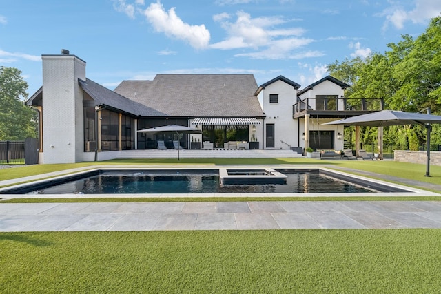 1485 Harrison Rd, Murfreesboro, TN 37128 - view of swimming pool with a lawn, a pool with connected hot tub, a patio area, an outdoor hangout area, and a sunroom