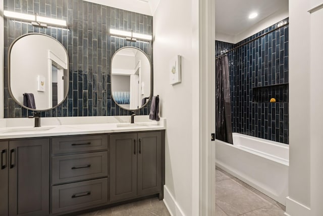1485 Harrison Rd, Murfreesboro, TN 37128 - full bathroom with double vanity, shower / bath combo with shower curtain, tile patterned flooring, and tile walls