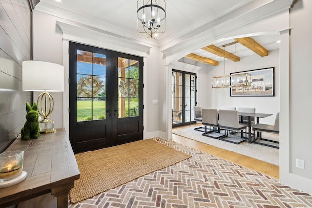 1485 Harrison Rd, Murfreesboro, TN 37128 - entryway with a chandelier, french doors, beamed ceiling, brick floors, and arched walkways