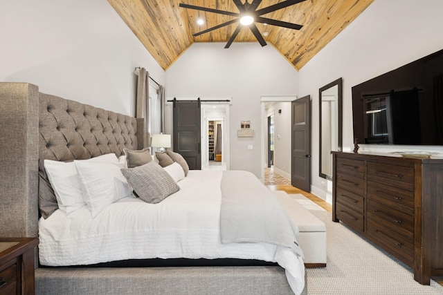 1485 Harrison Rd, Murfreesboro, TN 37128 - bedroom featuring wooden ceiling, high vaulted ceiling, a barn door, and ceiling fan