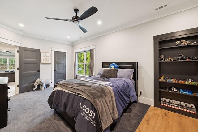 1485 Harrison Rd, Murfreesboro, TN 37128 - carpeted bedroom featuring multiple windows, crown molding, recessed lighting, and ceiling fan