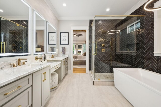 1485 Harrison Rd, Murfreesboro, TN 37128 - bathroom featuring vanity, a soaking tub, crown molding, a stall shower, and connected bathroom