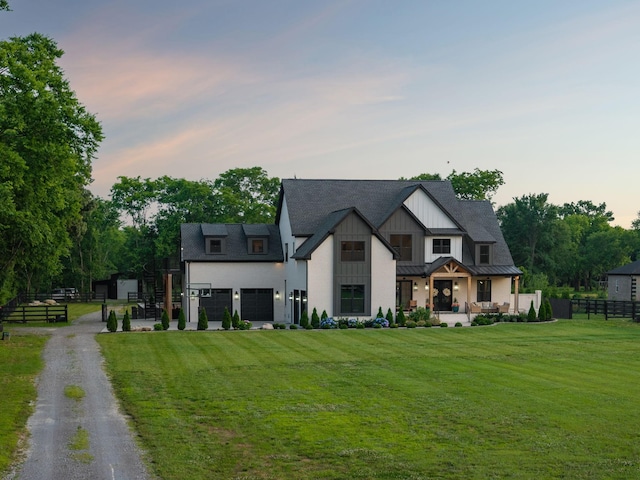 1485 Harrison Rd, Murfreesboro, TN 37128 - modern inspired farmhouse with driveway, a standing seam roof, board and batten siding, a garage, and a metal roof