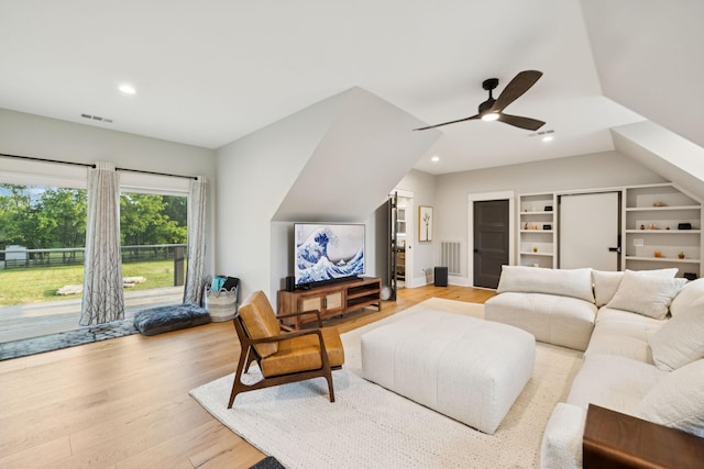 1485 Harrison Rd, Murfreesboro, TN 37128 - living room featuring ceiling fan, wood finished floors, recessed lighting, and built in features