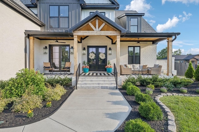 1485 Harrison Rd, Murfreesboro, TN 37128 - view of exterior entry featuring french doors, ceiling fan, an outdoor hangout area, and brick siding