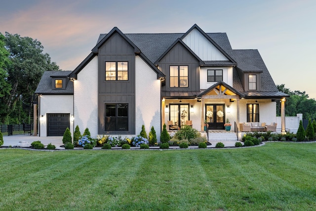 1485 Harrison Rd, Murfreesboro, TN 37128 - modern inspired farmhouse with french doors, an outdoor living space, a standing seam roof, board and batten siding, and roof with shingles