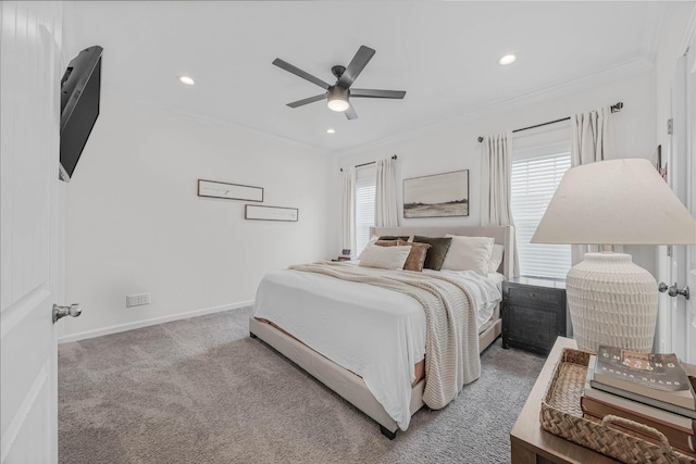 134 Chisum Ct, Clarksville, TN 37043 - bedroom featuring multiple windows, light carpet, ornamental molding, recessed lighting, and ceiling fan