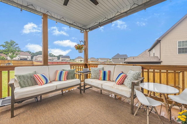 134 Chisum Ct, Clarksville, TN 37043 - wooden terrace with an outdoor hangout area, ceiling fan, and a residential view