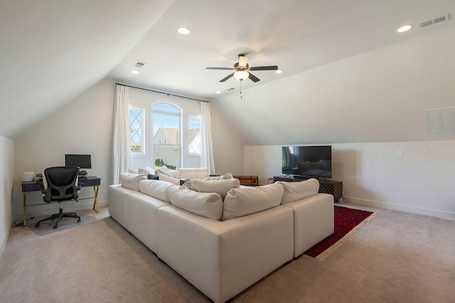 215 Ernest Dr, Lebanon, TN 37087 - living room featuring vaulted ceiling, ceiling fan, light colored carpet, an office area, and recessed lighting