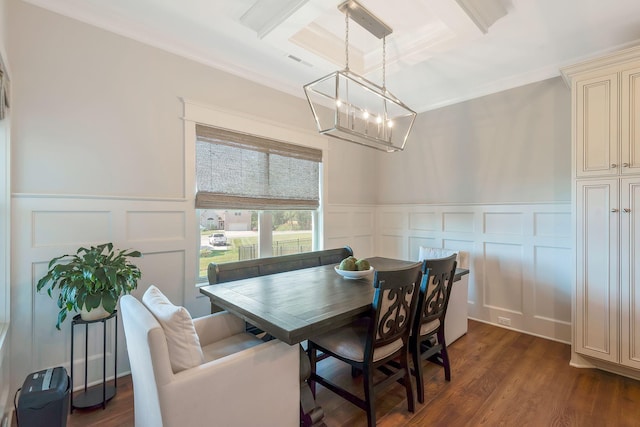 215 Ernest Dr, Lebanon, TN 37087 - dining area with a decorative wall, a chandelier, a wainscoted wall, dark wood-type flooring, and crown molding